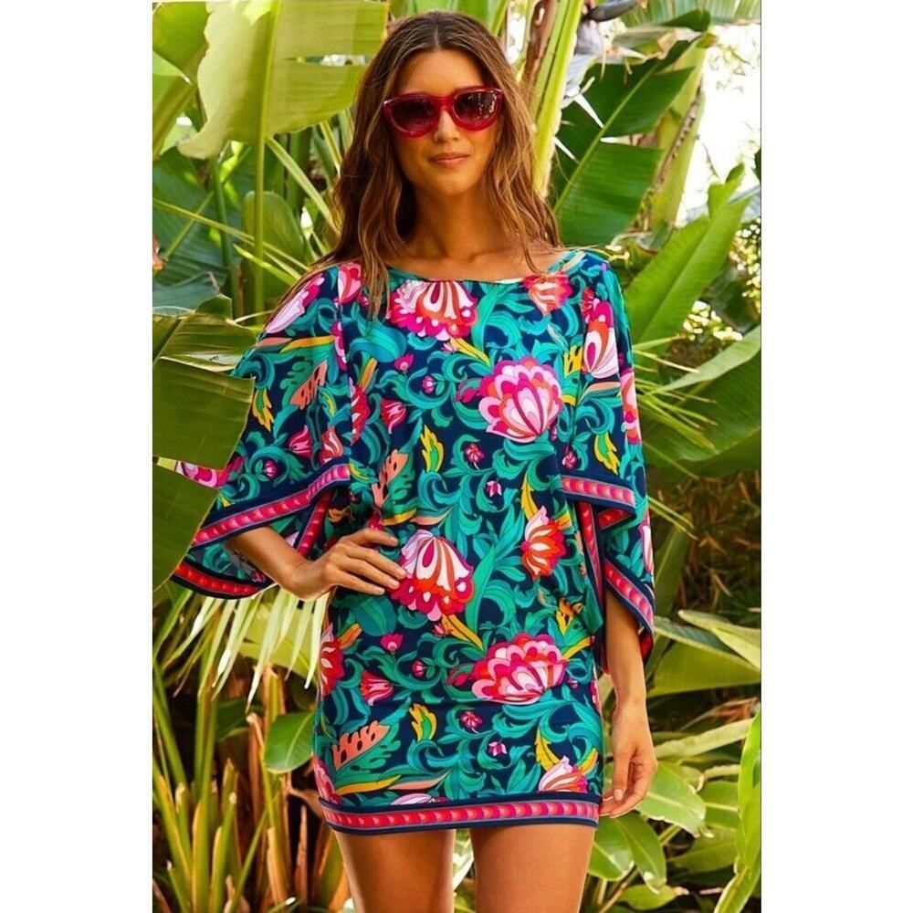 Trina Turk India Garden Floral Swimsuit Jersey Cover Up Caftan Tunic Dress Sz M